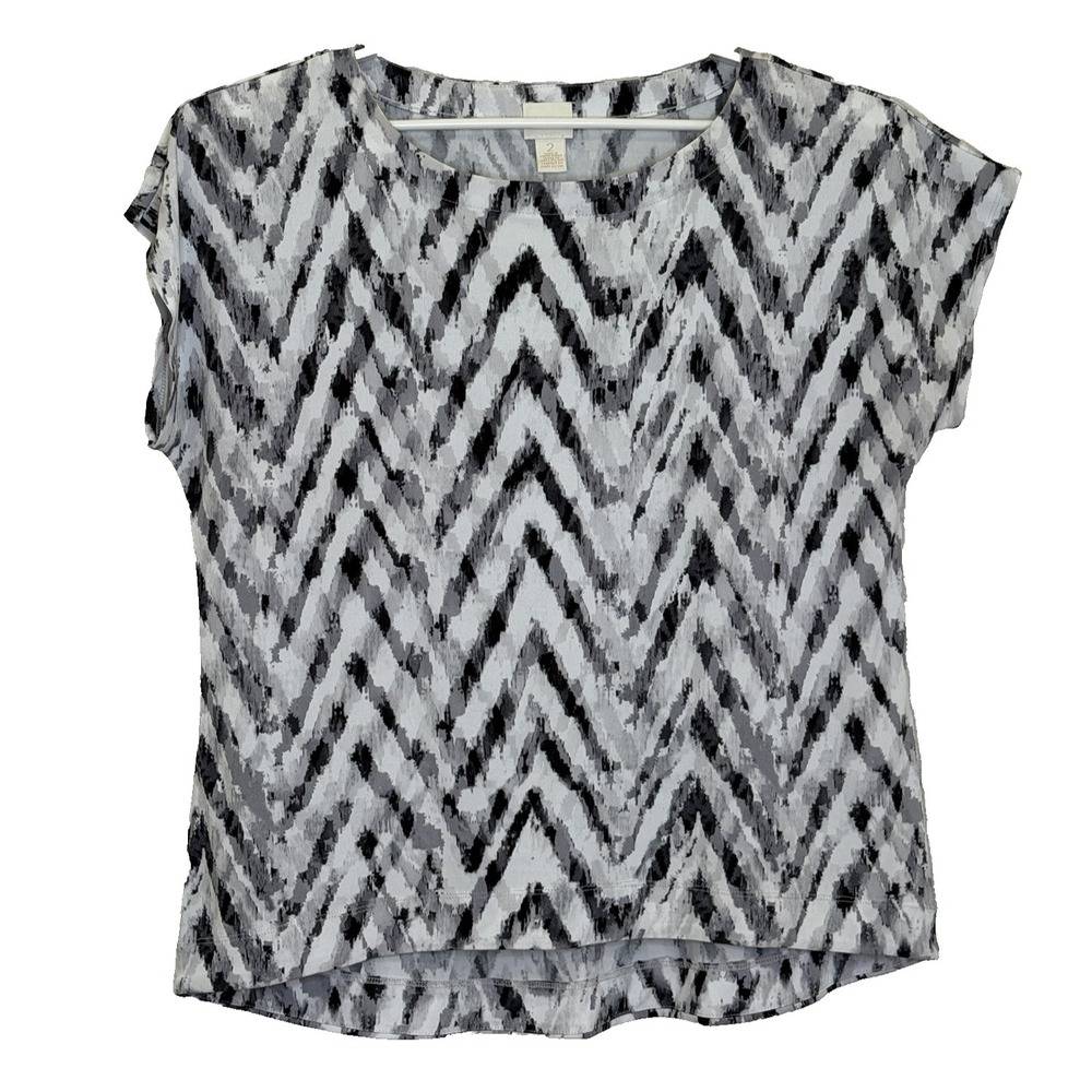 Chico's Top Womens Size 2 Large Black White Chevron Short Cap Sleeve Round Neck